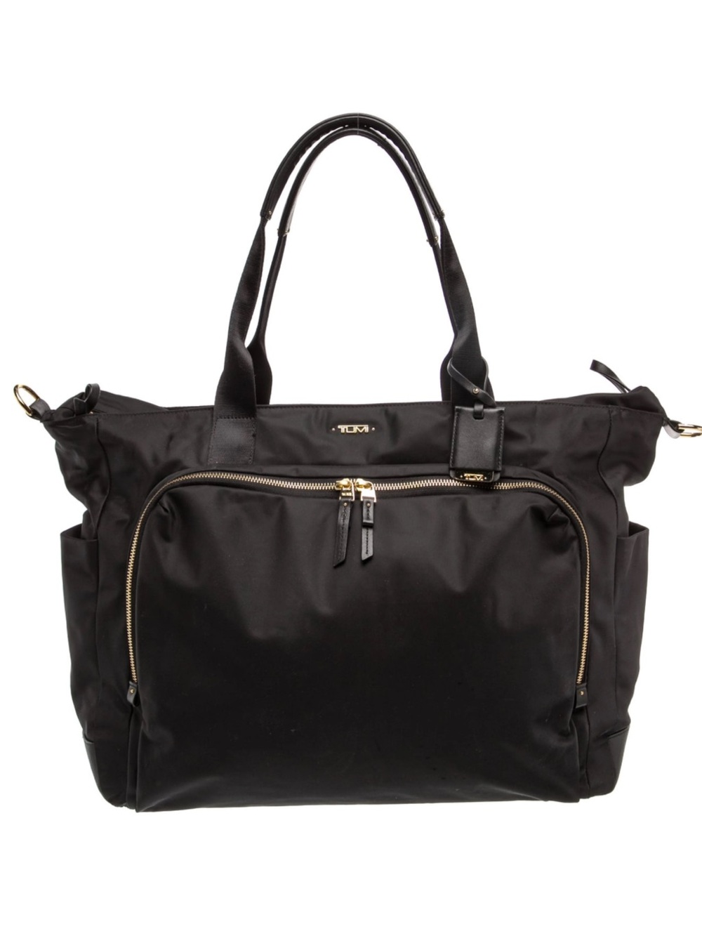 Tumi Voyager Black Nylon Tote with Front Zip Pocket and Gold Hardware